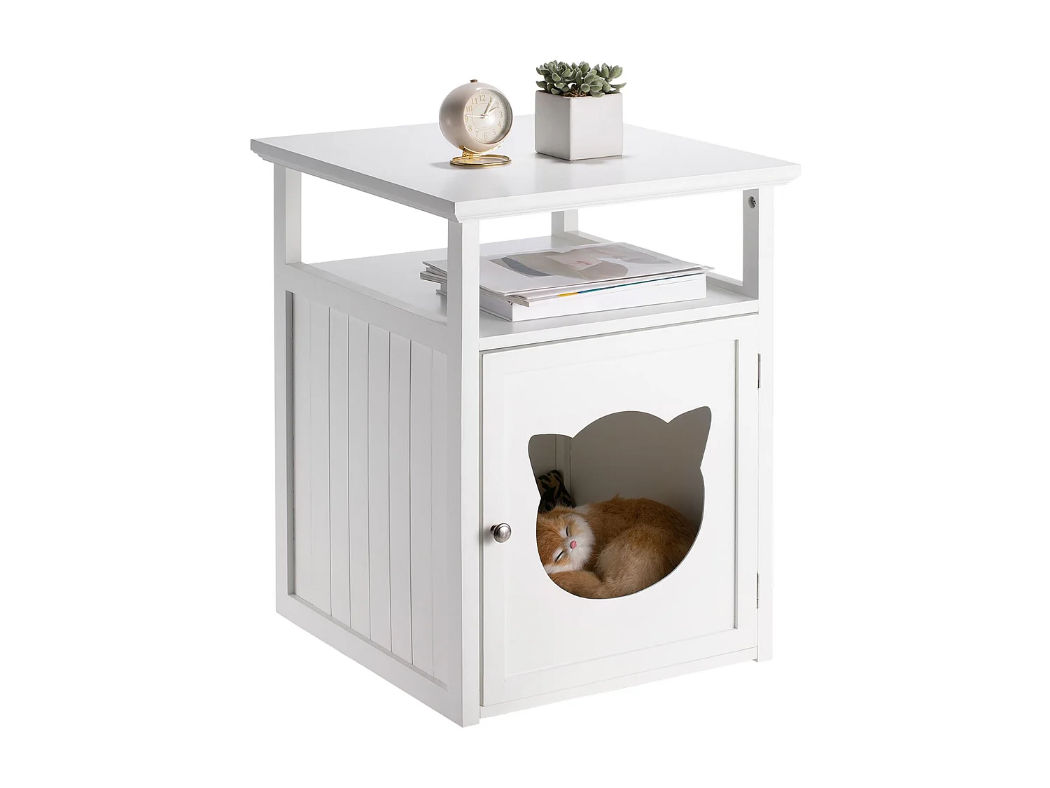 Table de chevet GATO petite commode avec un espace nid pour chat, en MDF lasuré de coloris blanc
