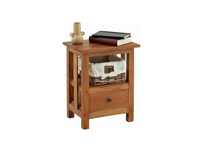 Table de chevet BAVELLA L 40 cm, avec 1 tiroir et 1 panier en rotin, en acajou finition naturelle