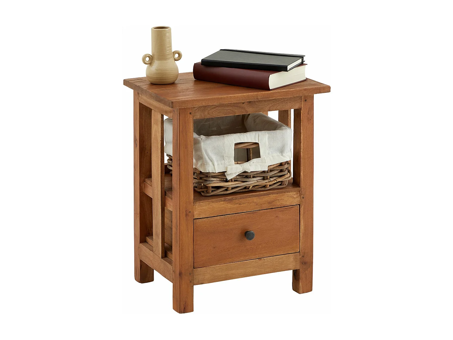 Table de chevet BAVELLA L 40 cm, avec 1 tiroir et 1 panier en rotin, en acajou finition naturelle