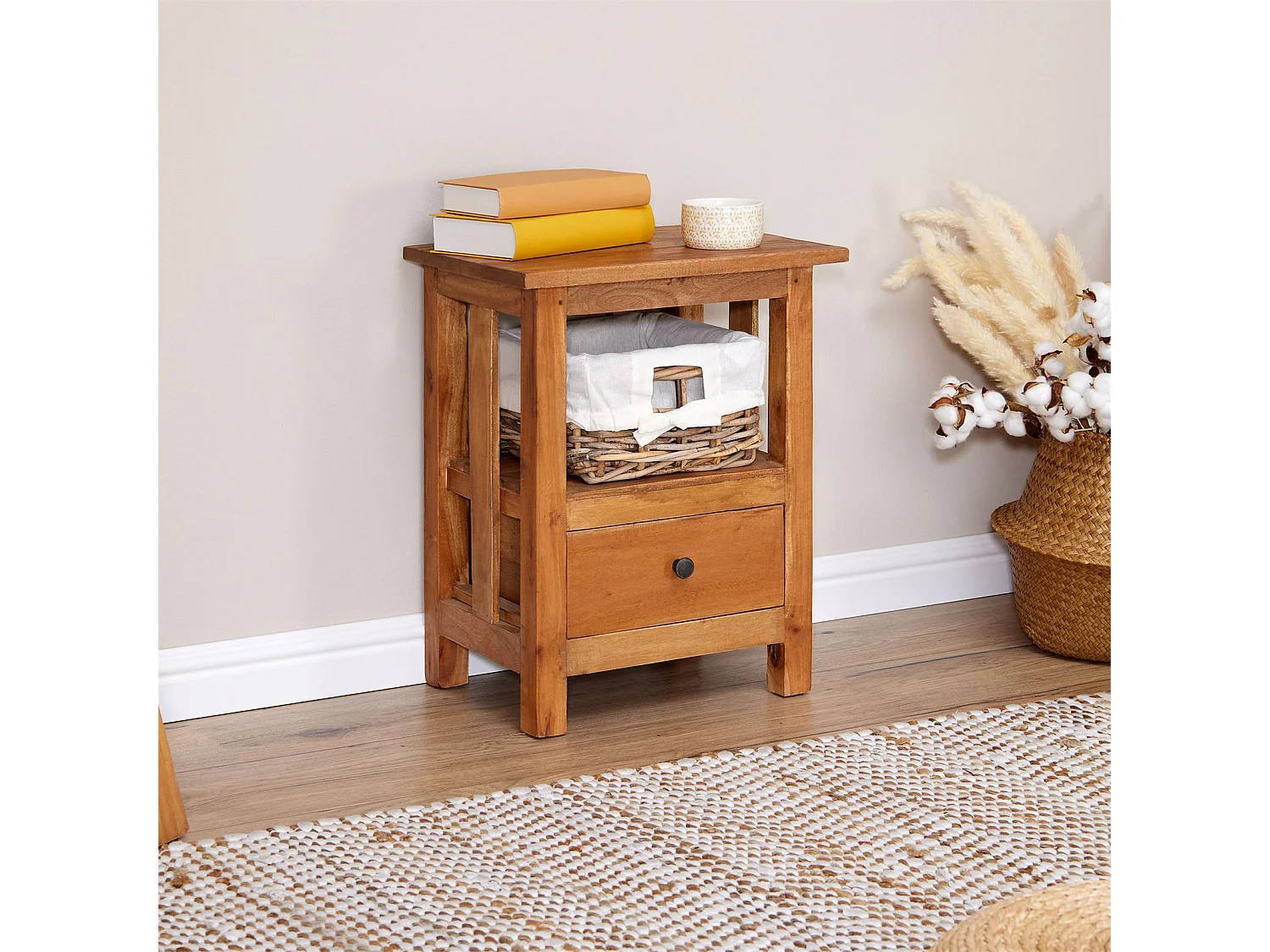 Table de chevet BAVELLA L 40 cm, avec 1 tiroir et 1 panier en rotin, en acajou finition naturelle