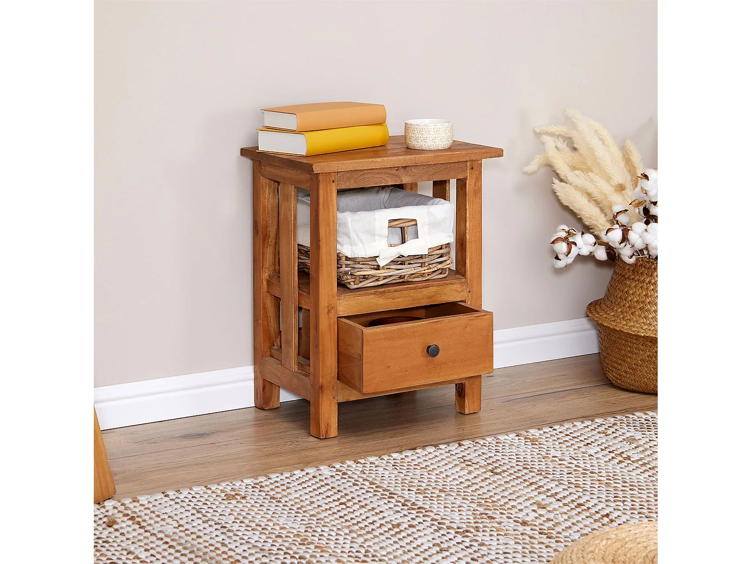 Table de chevet BAVELLA L 40 cm, avec 1 tiroir et 1 panier en rotin, en acajou finition naturelle
