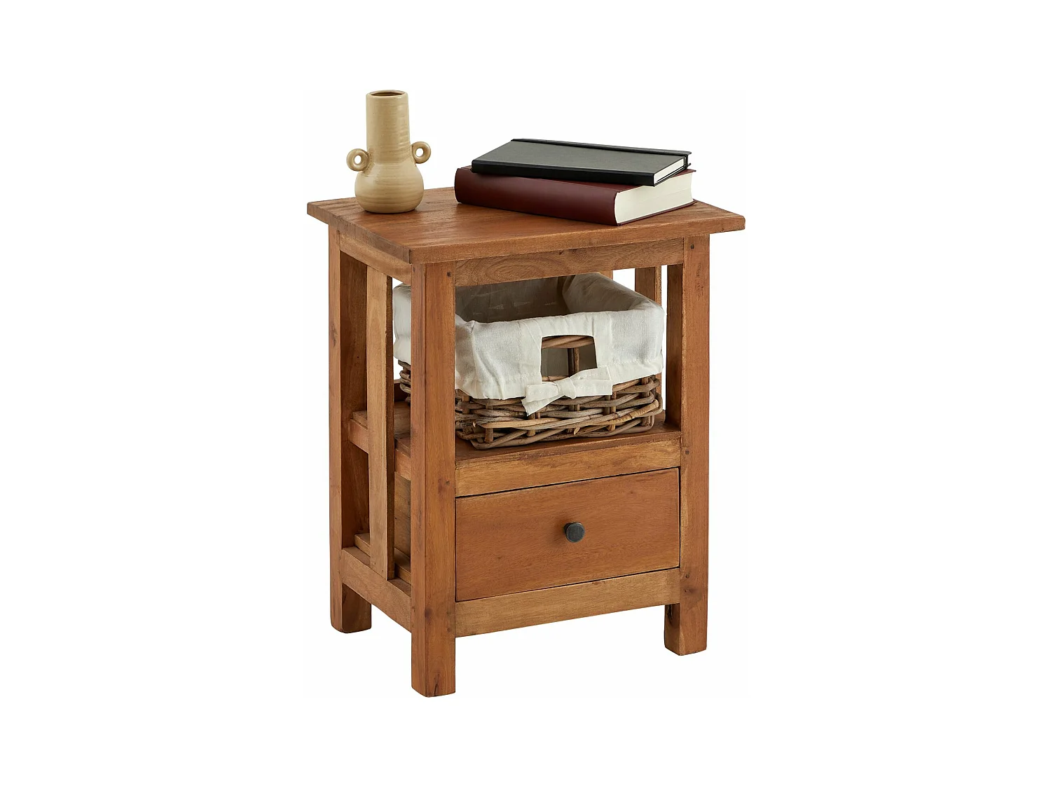Table de chevet BAVELLA L 40 cm, avec 1 tiroir et 1 panier en rotin, en acajou finition naturelle