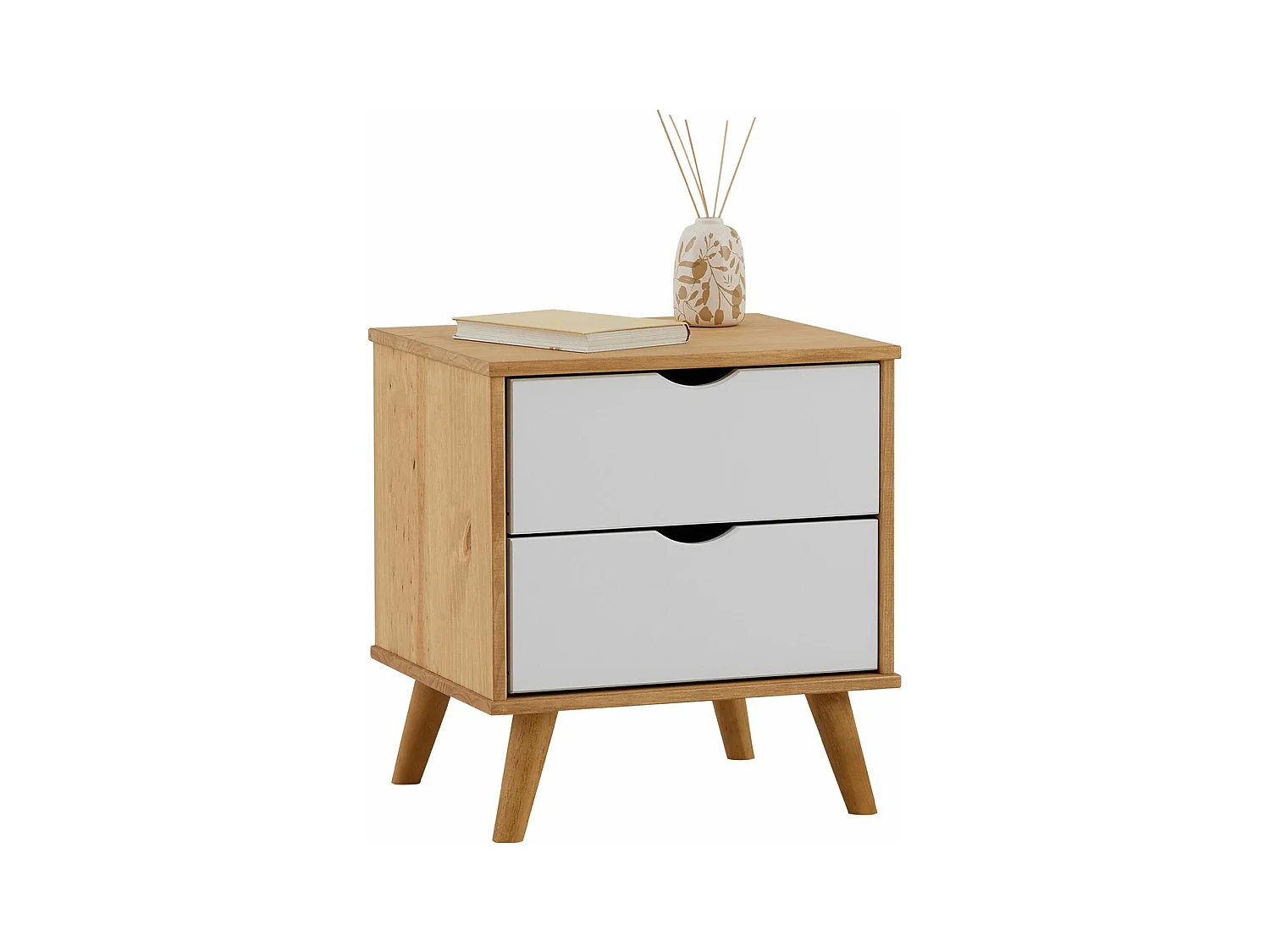 Table de chevet COLIMA en pin massif avec 2 tiroirs, table de nuit en bois sur pieds coloris blanc et naturel