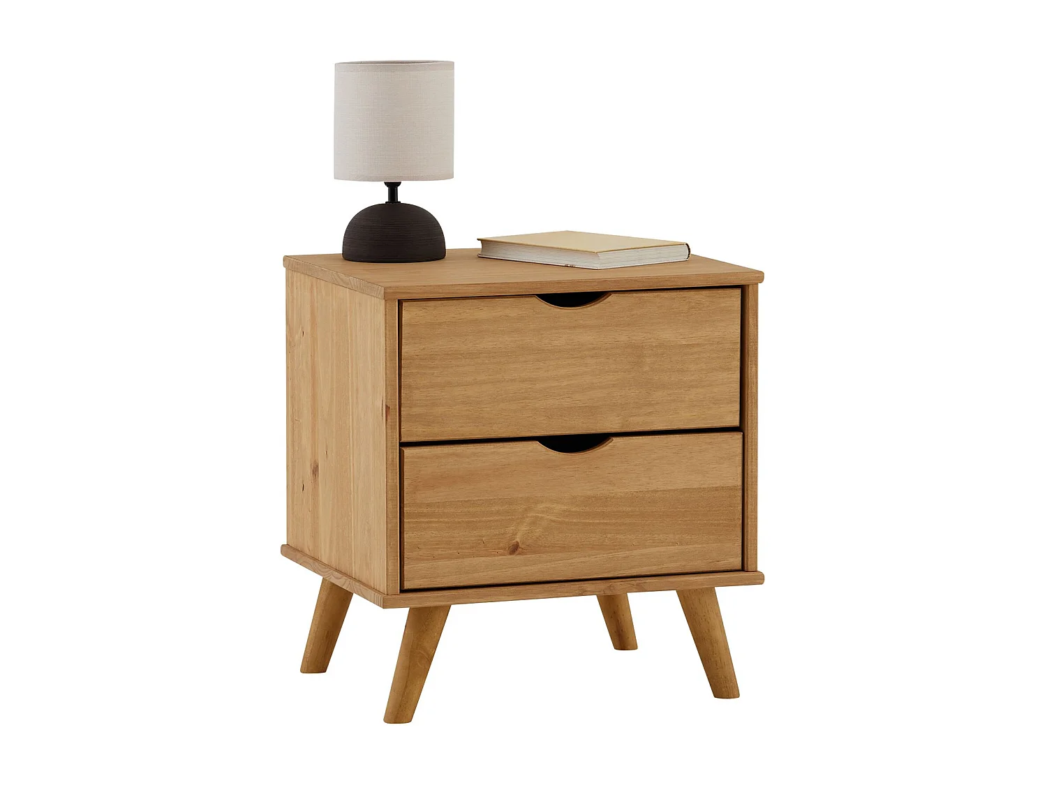 Table de chevet COLIMA en pin massif avec 2 tiroirs, table de nuit en bois sur pieds coloris naturel