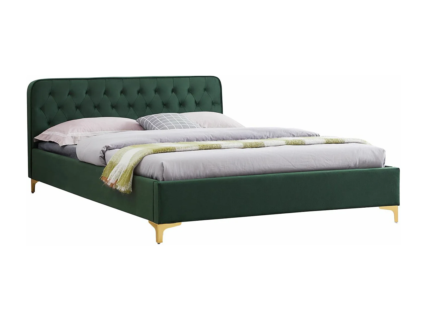 Lit double GLAMOUR couchage 140x190 cm, avec sommier et pieds en métal doré, style baroque, revêtement en velours capitonné vert
