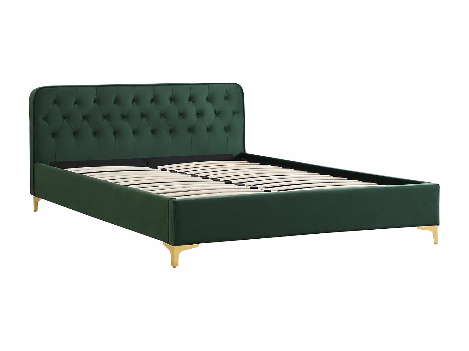 Lit double GLAMOUR couchage 140x190 cm, avec sommier et pieds en métal doré, style baroque, revêtement en velours capitonné vert