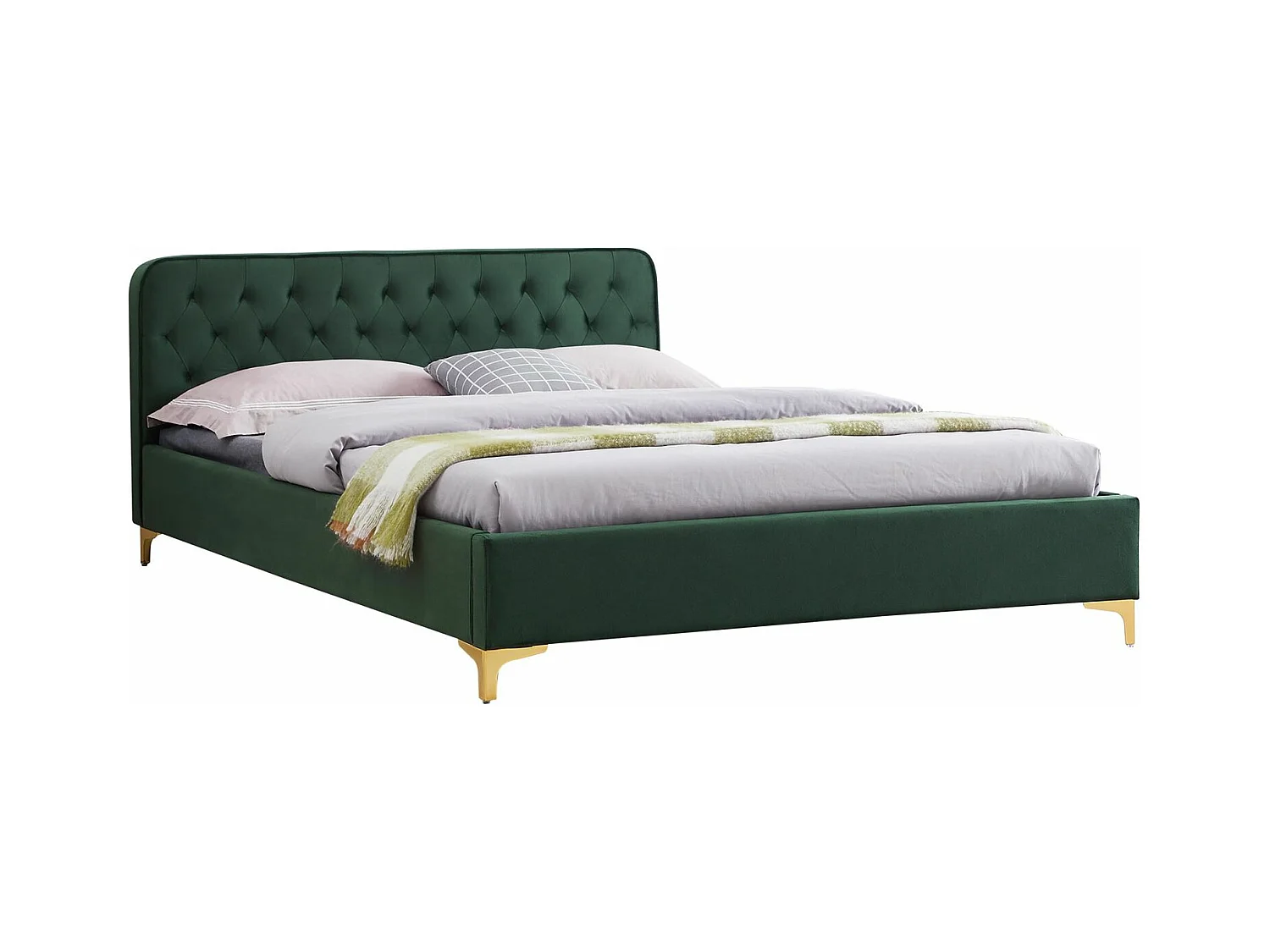 Lit double GLAMOUR couchage 140x190 cm, avec sommier et pieds en métal doré, style baroque, revêtement en velours capitonné vert