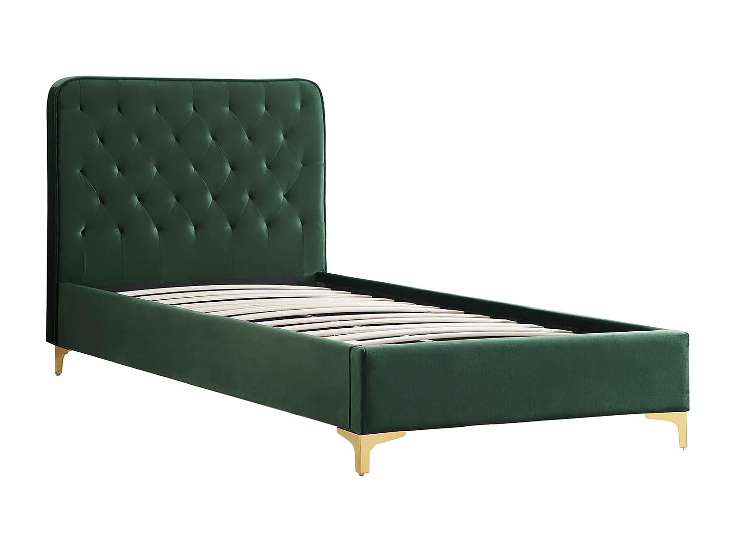Lit simple GLAMOUR couchage 90x190 cm, avec sommier et pieds en métal doré, style baroque, revêtement en velours capitonné vert