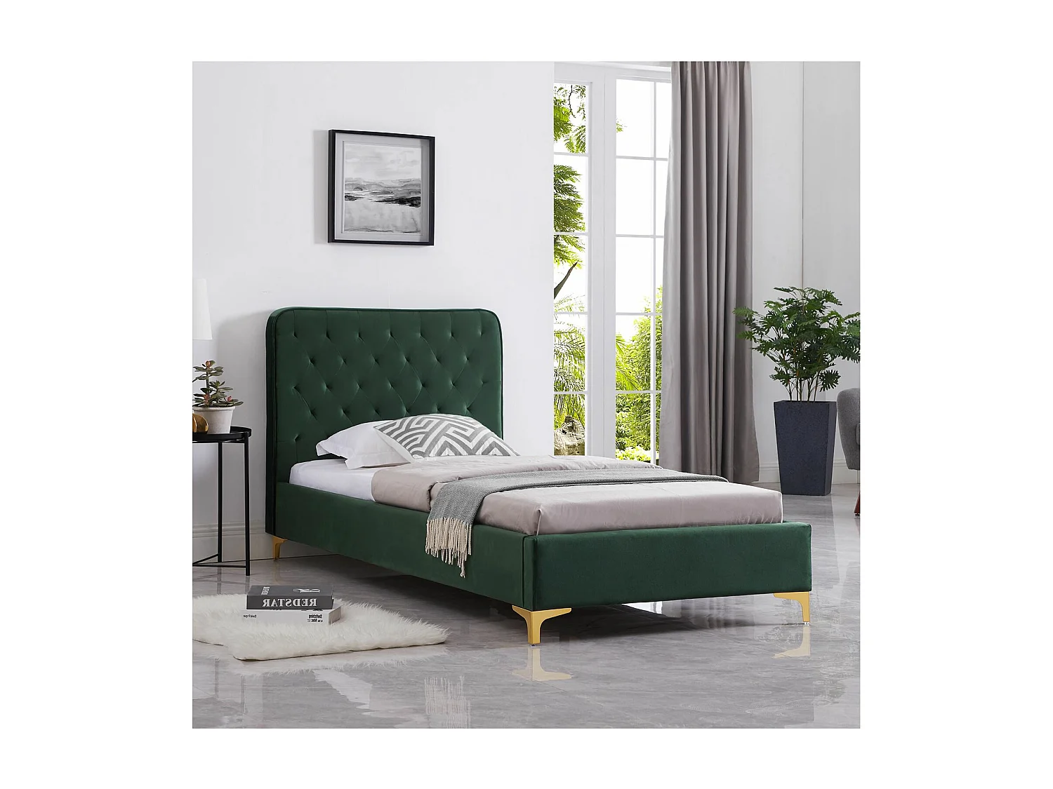 Lit simple GLAMOUR couchage 90x190 cm, avec sommier et pieds en métal doré, style baroque, revêtement en velours capitonné vert