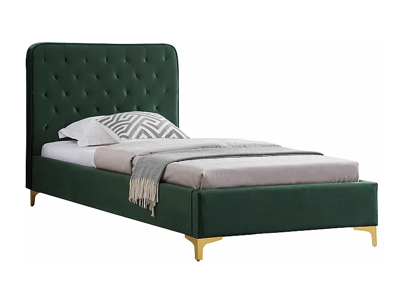 Lit simple GLAMOUR couchage 90x190 cm, avec sommier et pieds en métal doré, style baroque, revêtement en velours capitonné vert