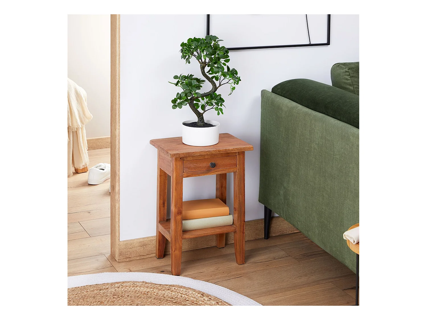 Table d'appoint BOSSONS L 51 cm  en acajou coloris naturel, petit meuble avec 1 tiroir et 1 étagère