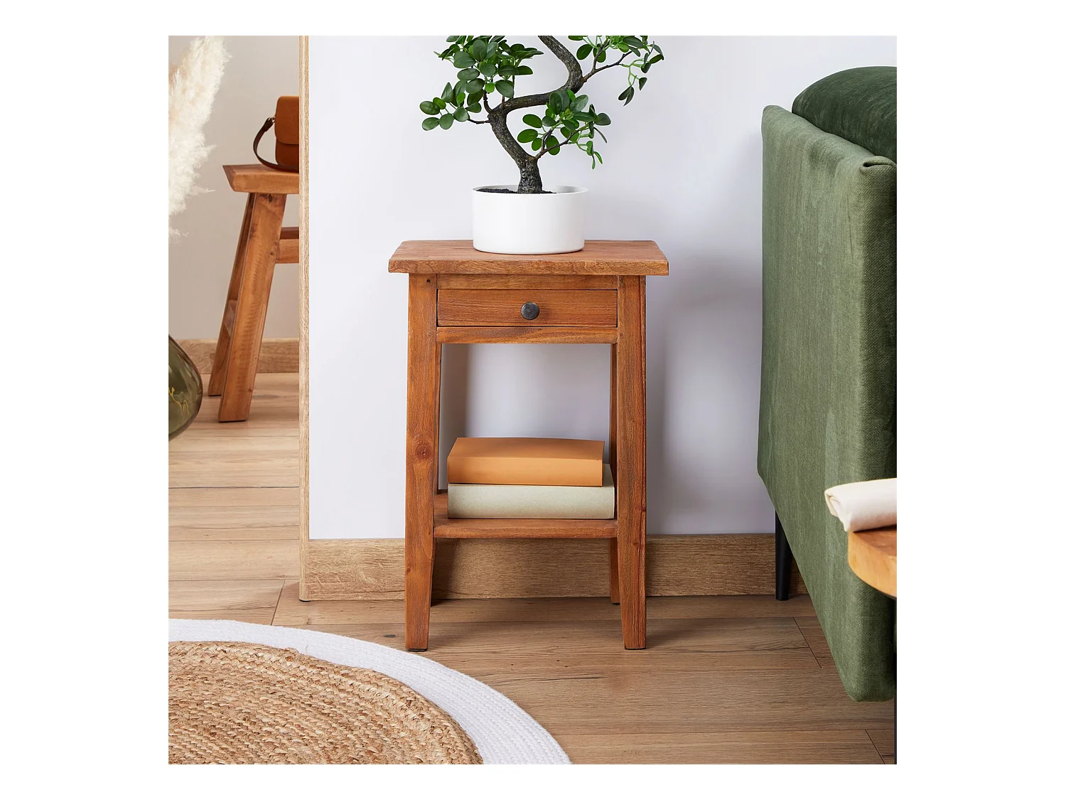 Table d'appoint BOSSONS L 51 cm  en acajou coloris naturel, petit meuble avec 1 tiroir et 1 étagère