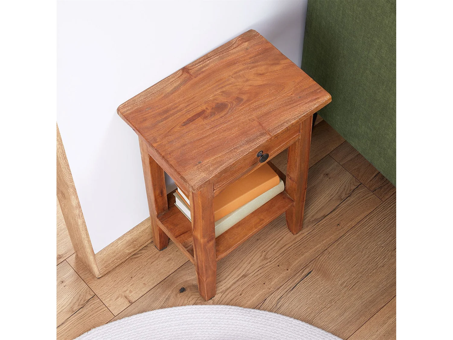Table d'appoint BOSSONS L 51 cm  en acajou coloris naturel, petit meuble avec 1 tiroir et 1 étagère