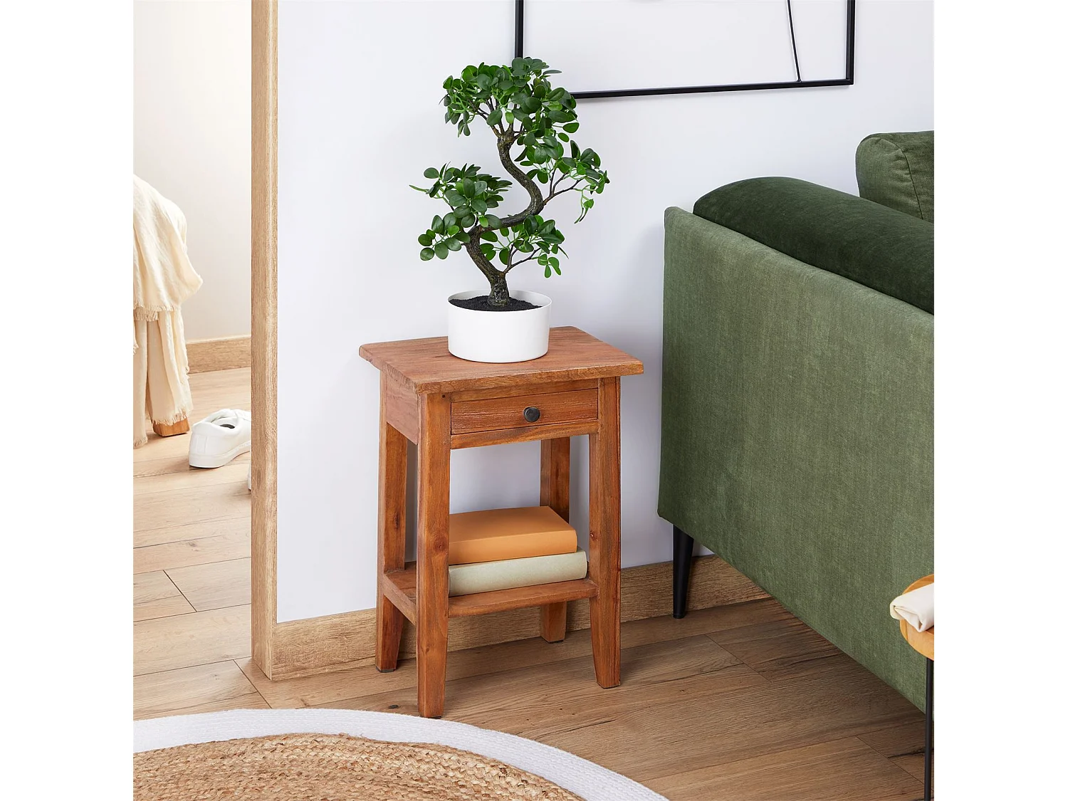 Table d&#039;appoint BOSSONS L 51 cm  en acajou coloris naturel, petit meuble avec 1 tiroir et 1 étagère