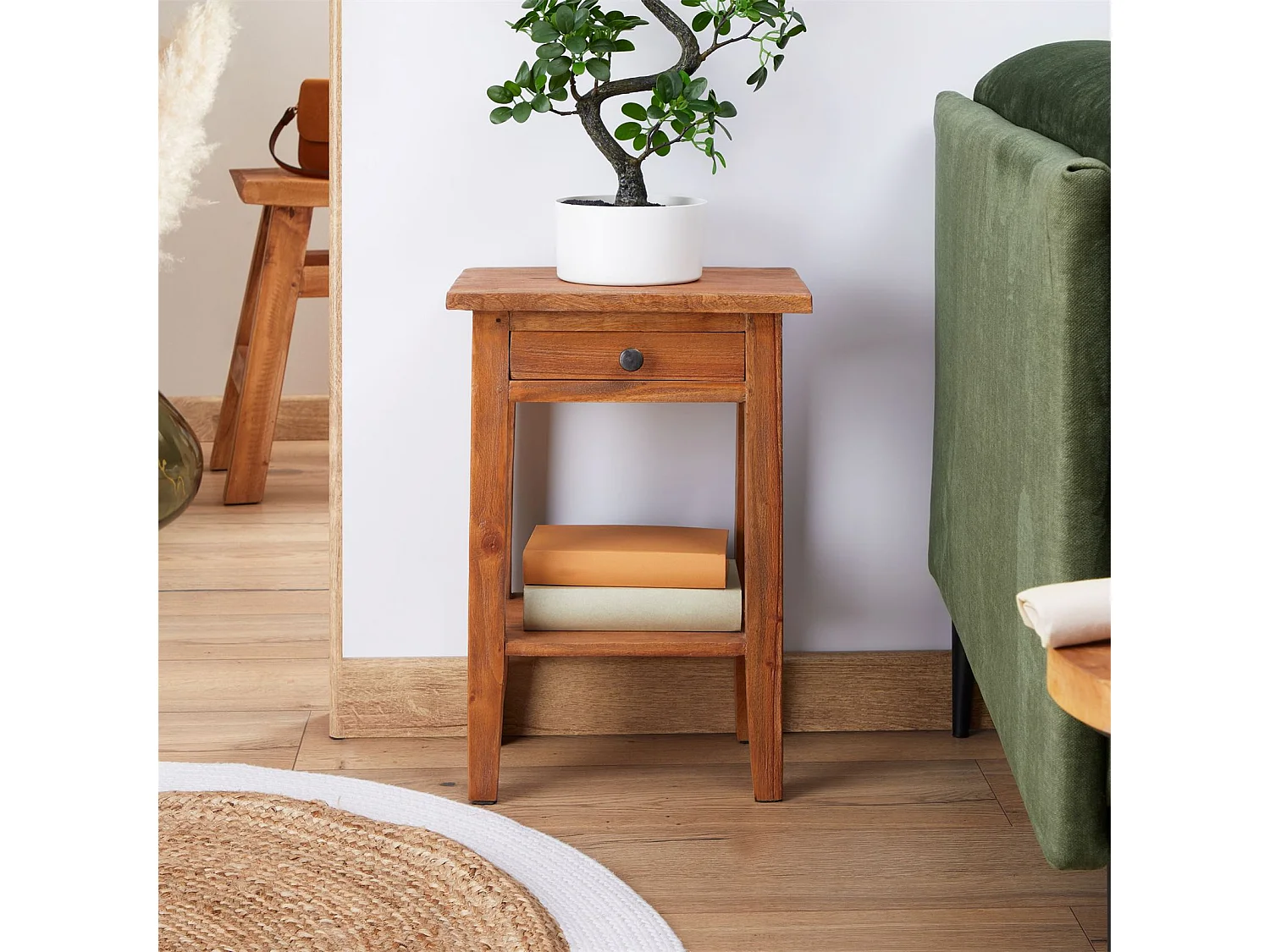 Table d&#039;appoint BOSSONS L 51 cm  en acajou coloris naturel, petit meuble avec 1 tiroir et 1 étagère