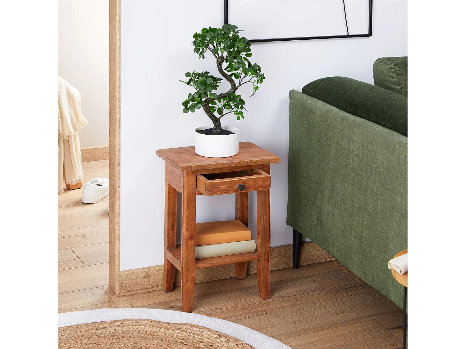 Table d&#039;appoint BOSSONS L 51 cm  en acajou coloris naturel, petit meuble avec 1 tiroir et 1 étagère