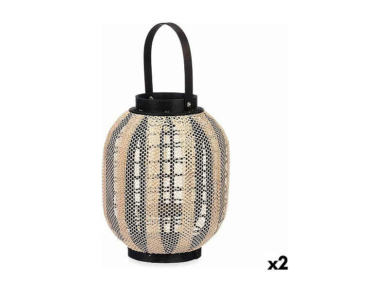 Portavelas Farol Con asa Beige Madera Tela 27 x 32 x 27 cm (2 Unidades)