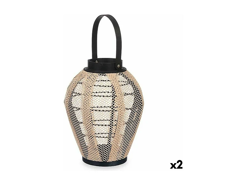 Portavelas Farol Con asa Beige Madera Tela 25 x 30 x 25 cm (2 Unidades)