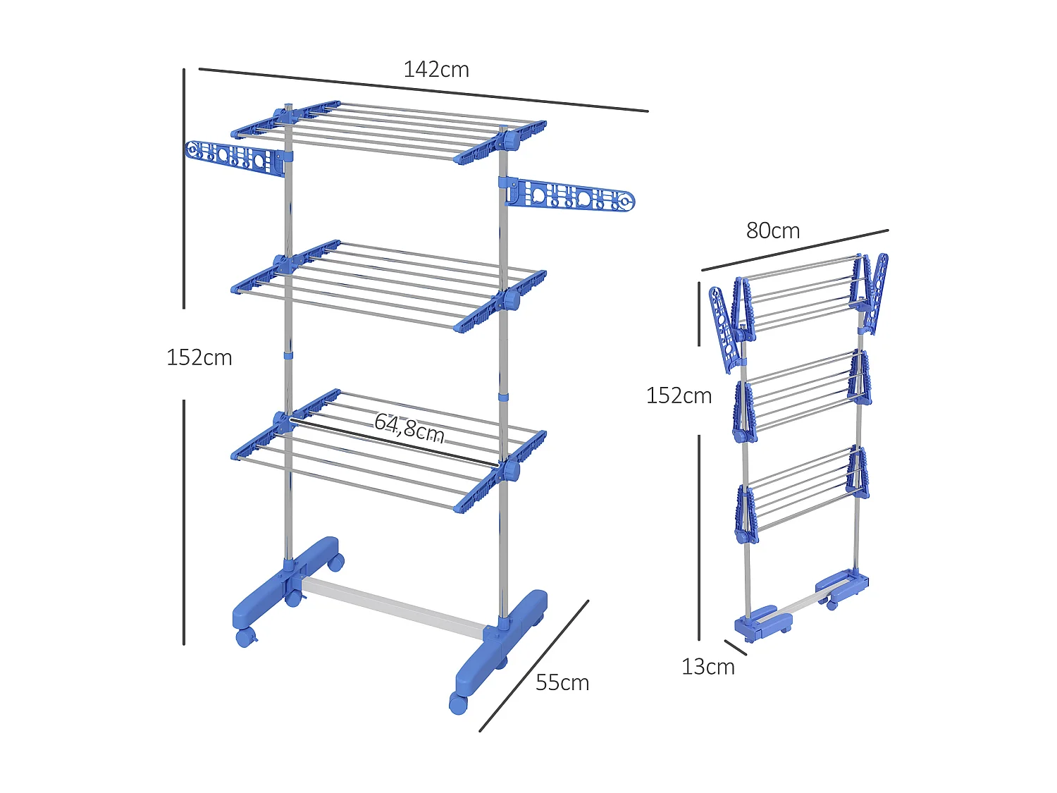 Séchoir à linge étendoir pliable ailes latérales 3 niveaux acier inox PP bleu