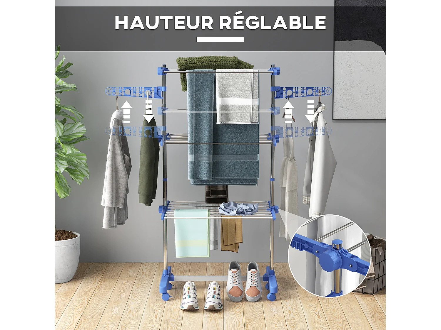 Séchoir à linge étendoir pliable ailes latérales 3 niveaux acier inox PP bleu