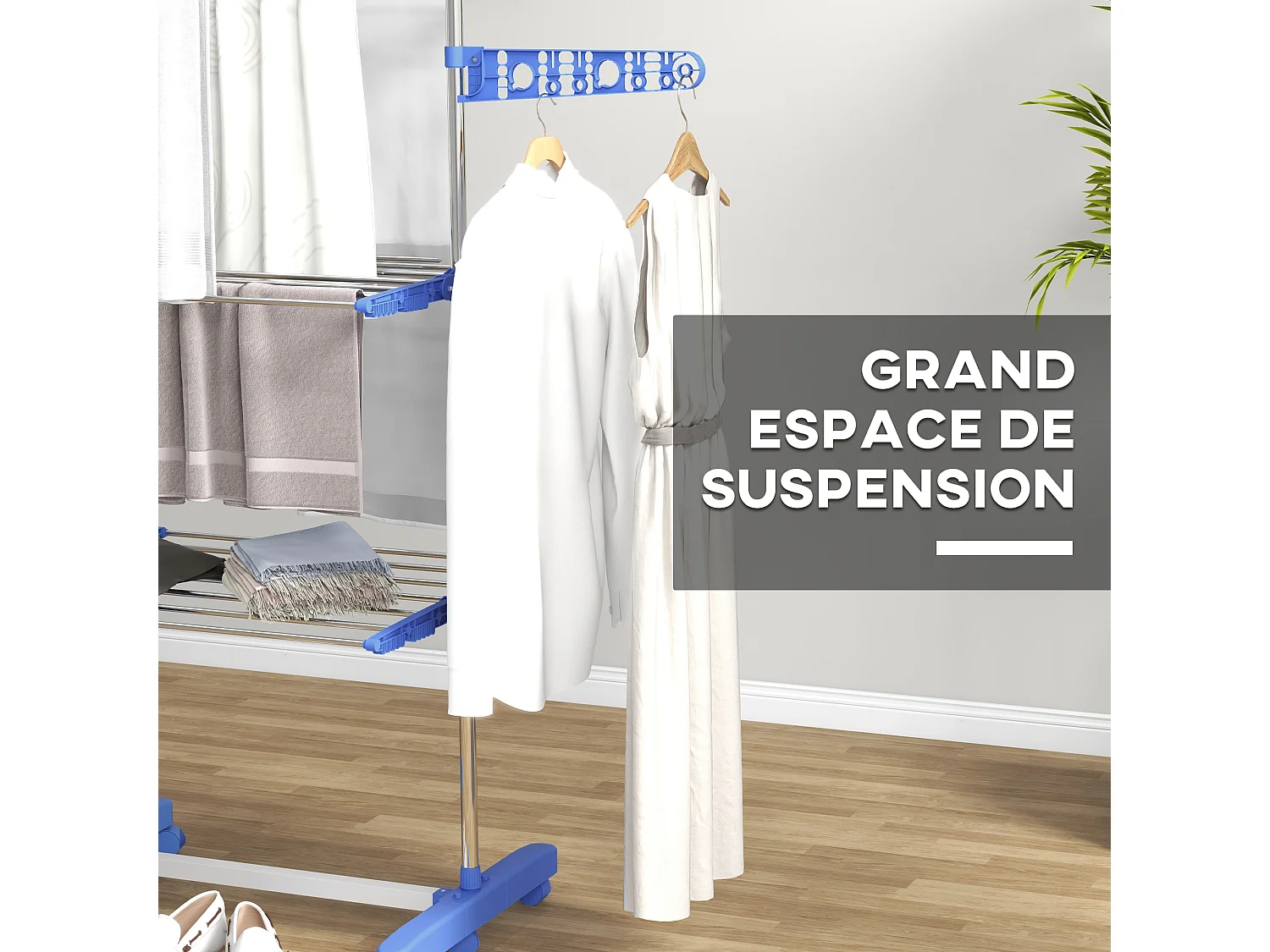 Séchoir à linge étendoir pliable ailes latérales 3 niveaux acier inox PP bleu