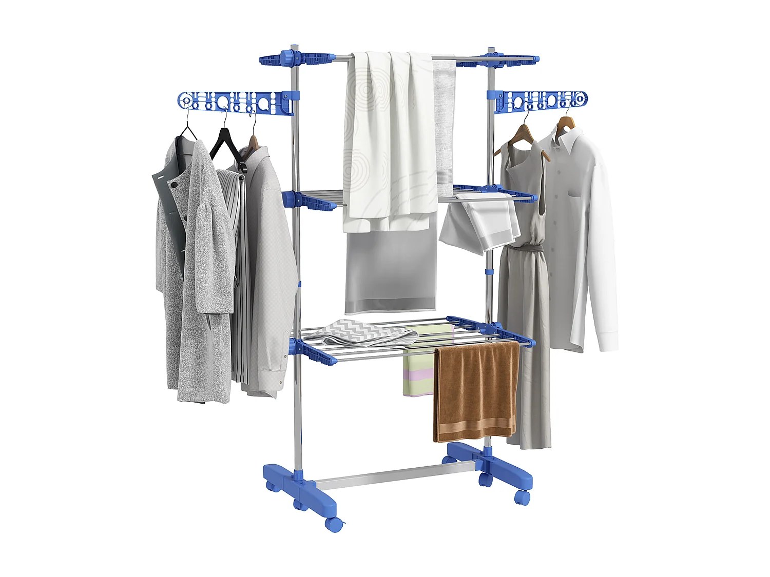 Séchoir à linge étendoir pliable ailes latérales 3 niveaux acier inox PP bleu