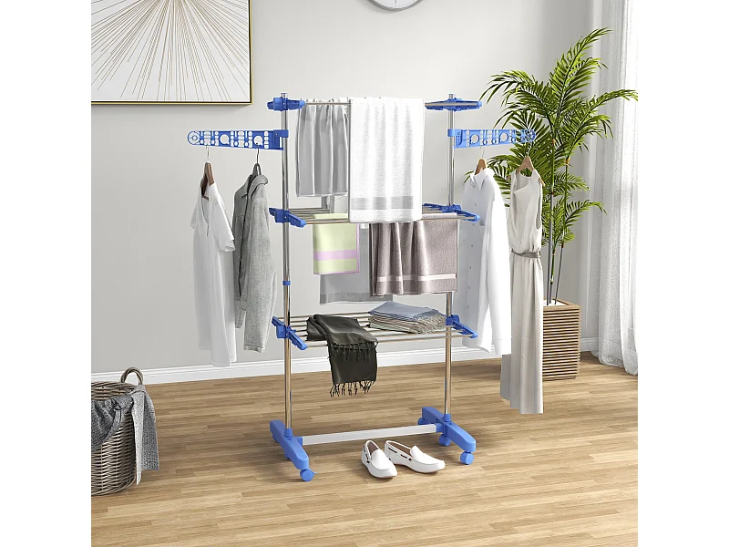 Séchoir à linge étendoir pliable ailes latérales 3 niveaux acier inox PP bleu
