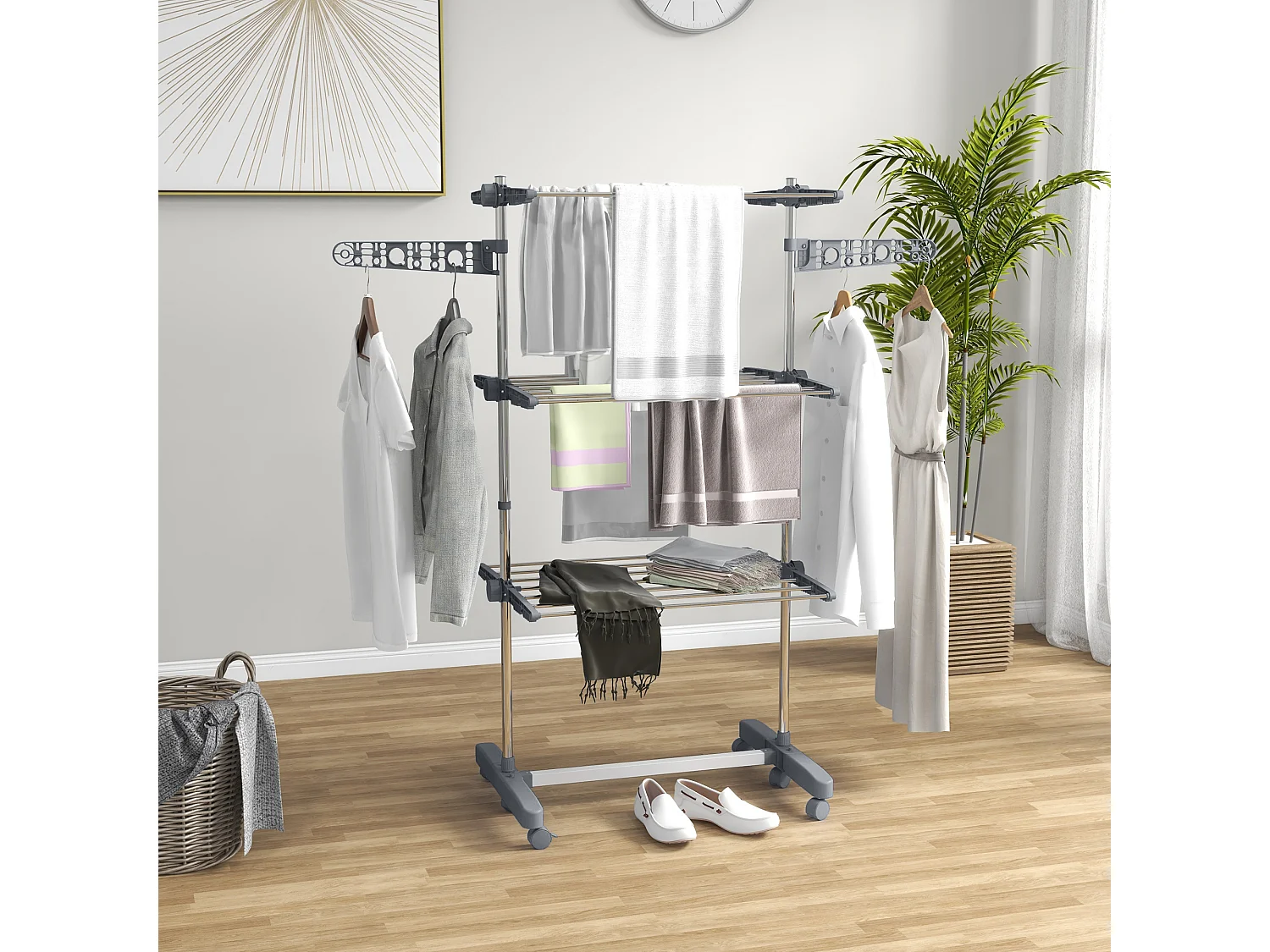 Séchoir à linge étendoir pliable ailes latérales 3 niveaux acier inox PP gris