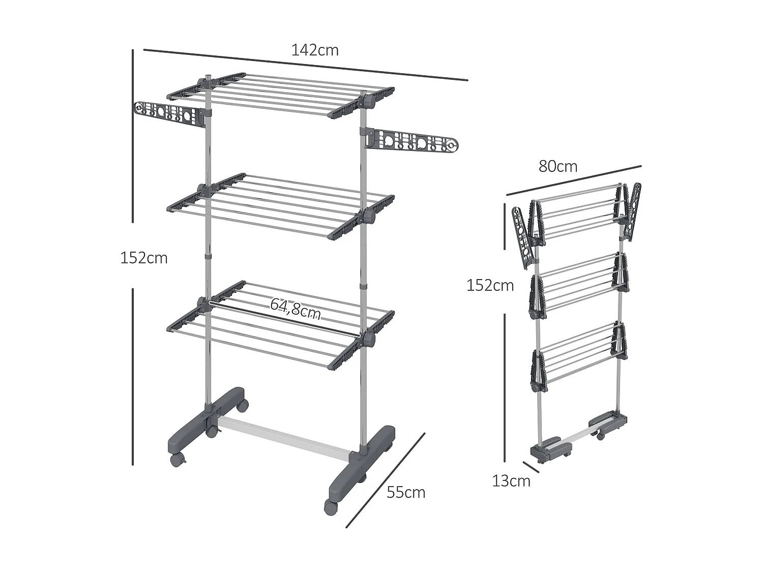Séchoir à linge étendoir pliable ailes latérales 3 niveaux acier inox PP gris