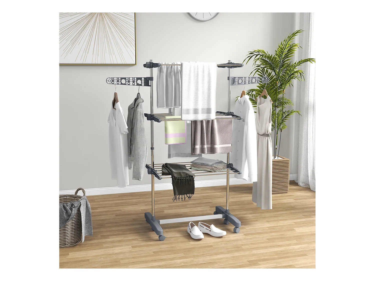 Séchoir à linge étendoir pliable ailes latérales 3 niveaux acier inox PP gris