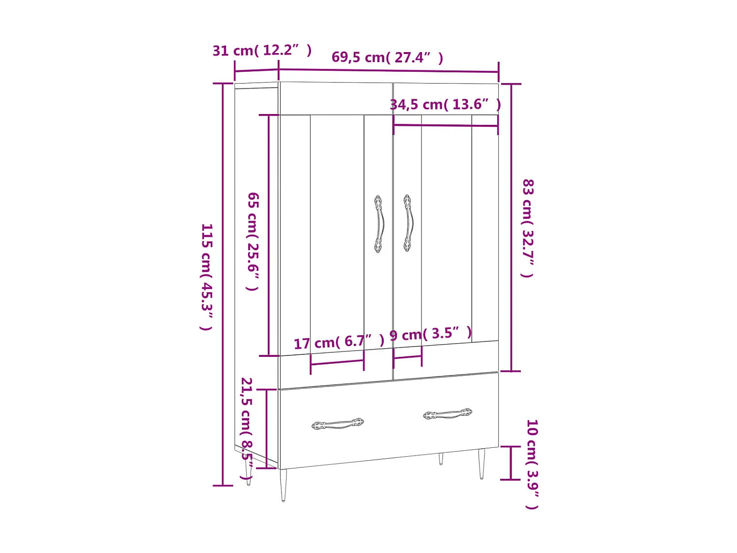 Buffet haut gris béton 69,5x31x115 cm bois d'ingénierie