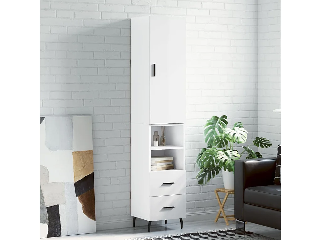 Buffet haut Blanc brillant 34,5x34x180 cm Bois d'ingénierie