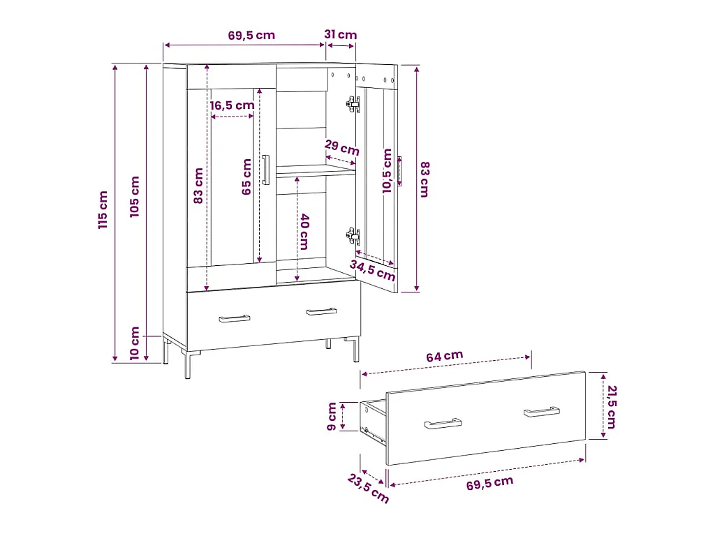 Hoge kast 69,5x31x115 cm bewerkt hout wit