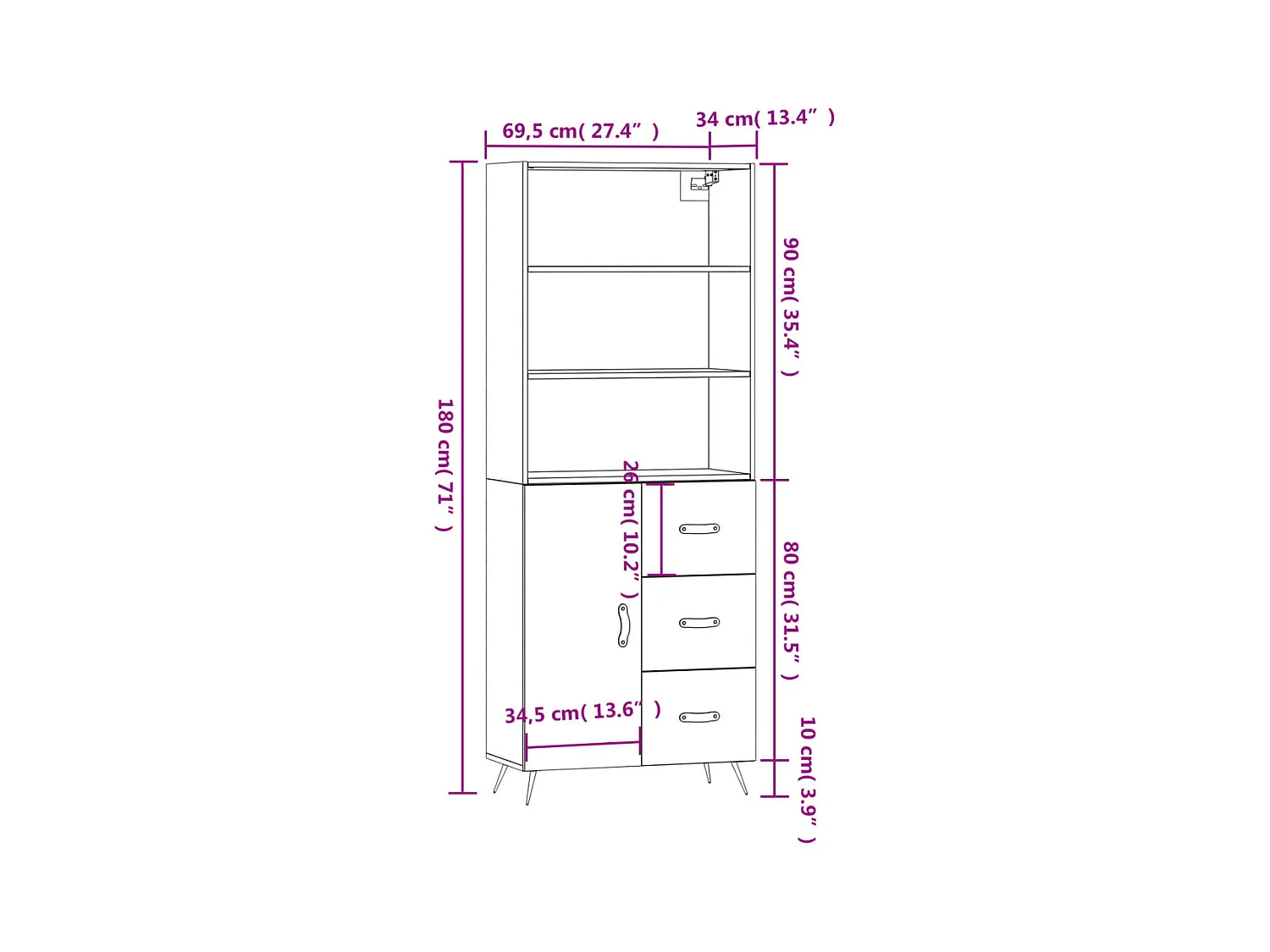 Hoge kast 69,5x34x180 cm bewerkt hout zwart