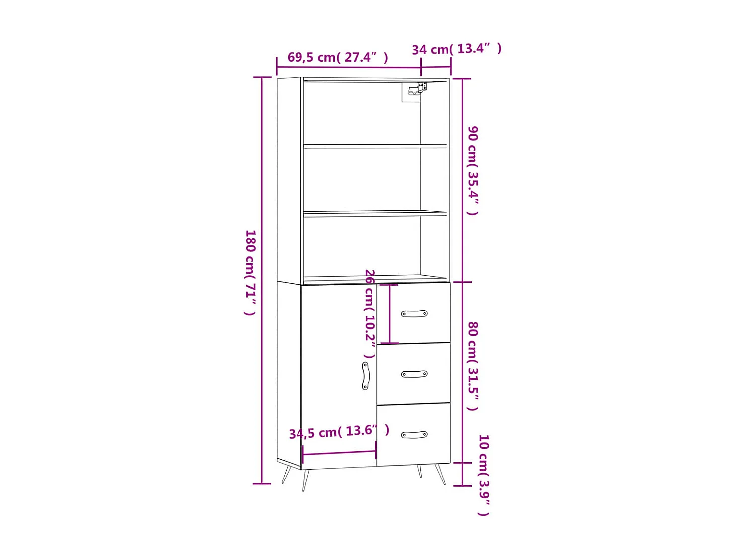 Buffet haut Noir 69,5x34x180 cm Bois d'ingénierie