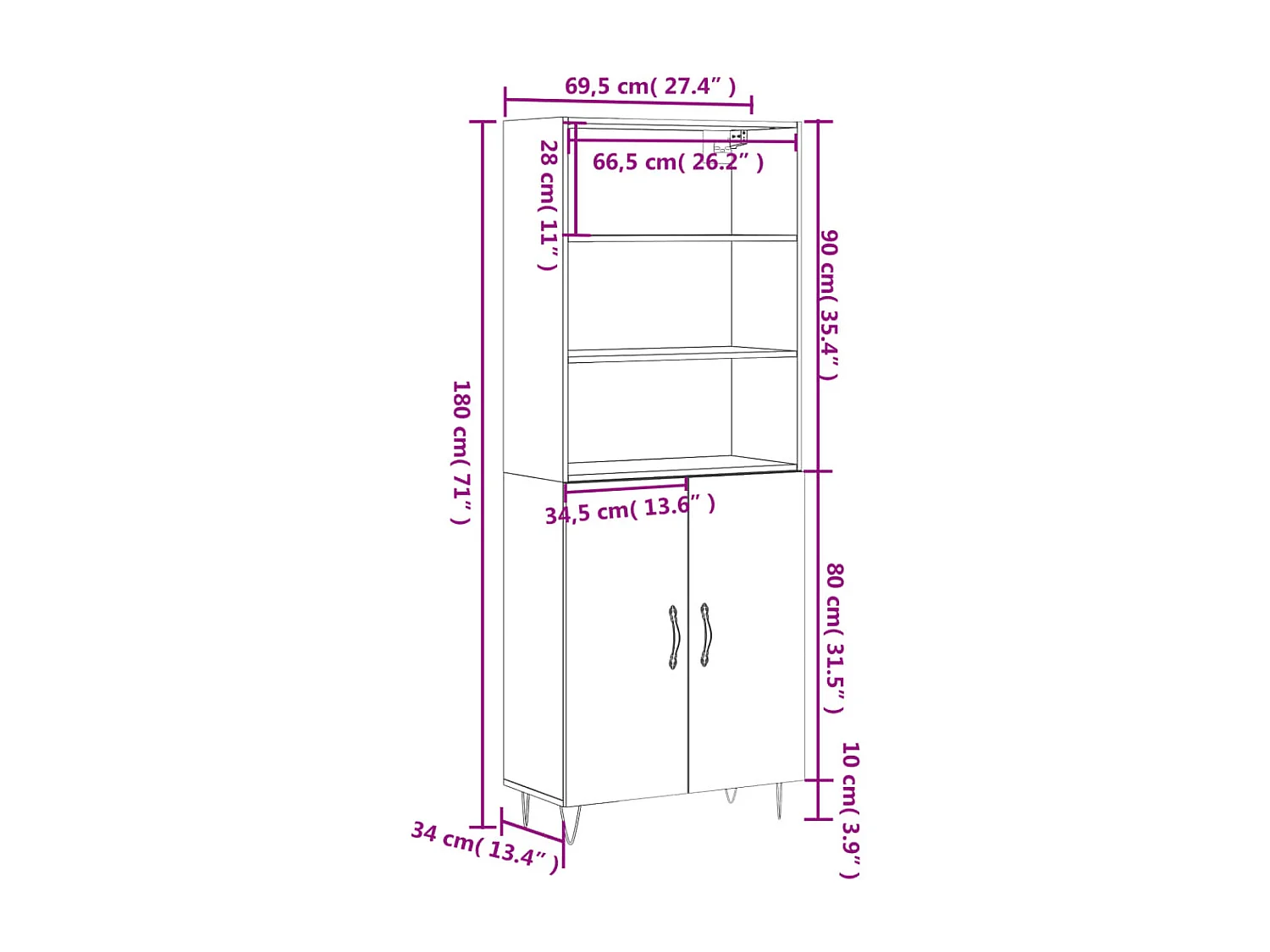 Credenza Grigio Sonoma 69,5x34x180 cm in Legno Multistrato
