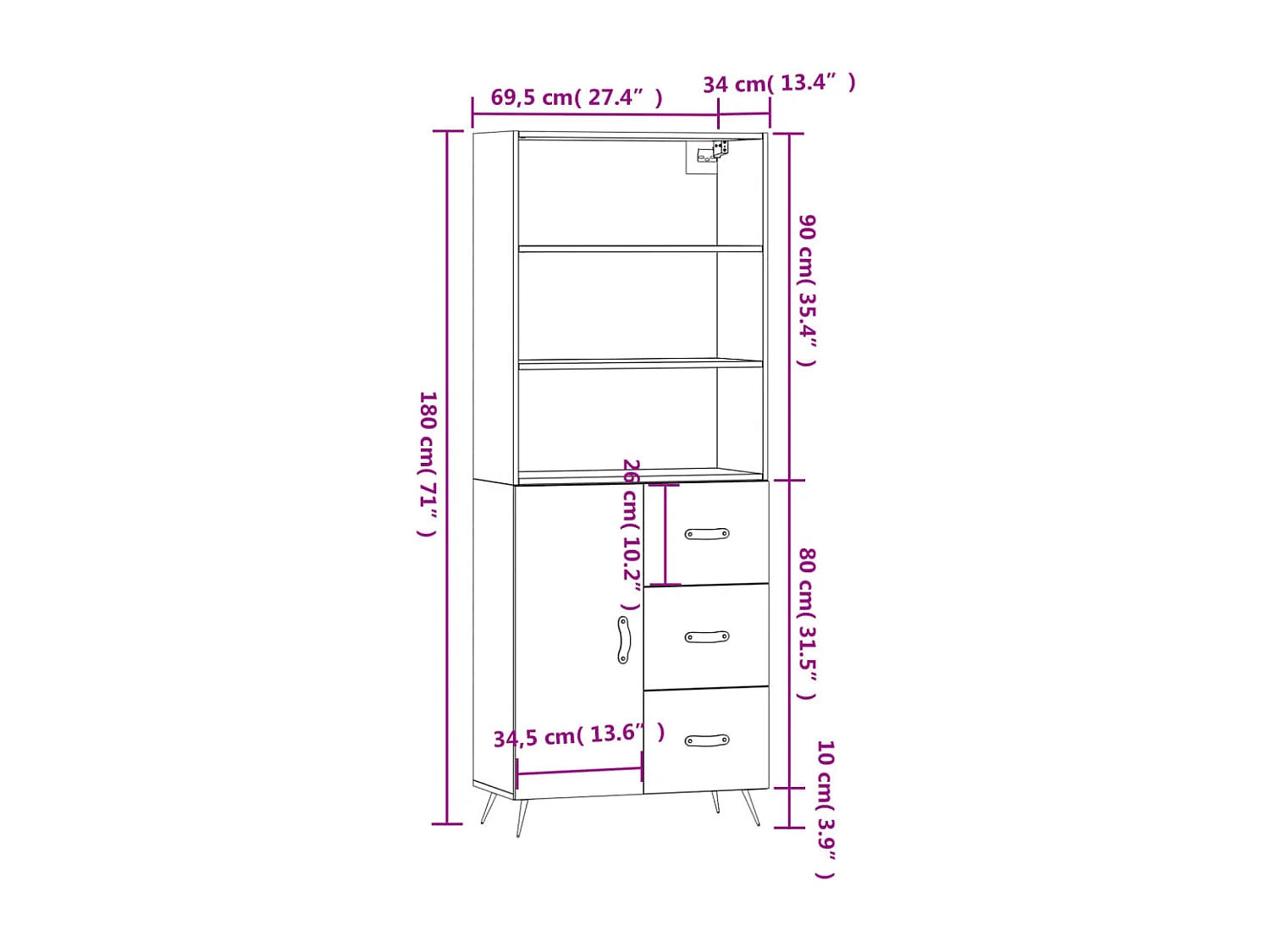Buffet haut Blanc 69,5x34x180 cm Bois d'ingénierie