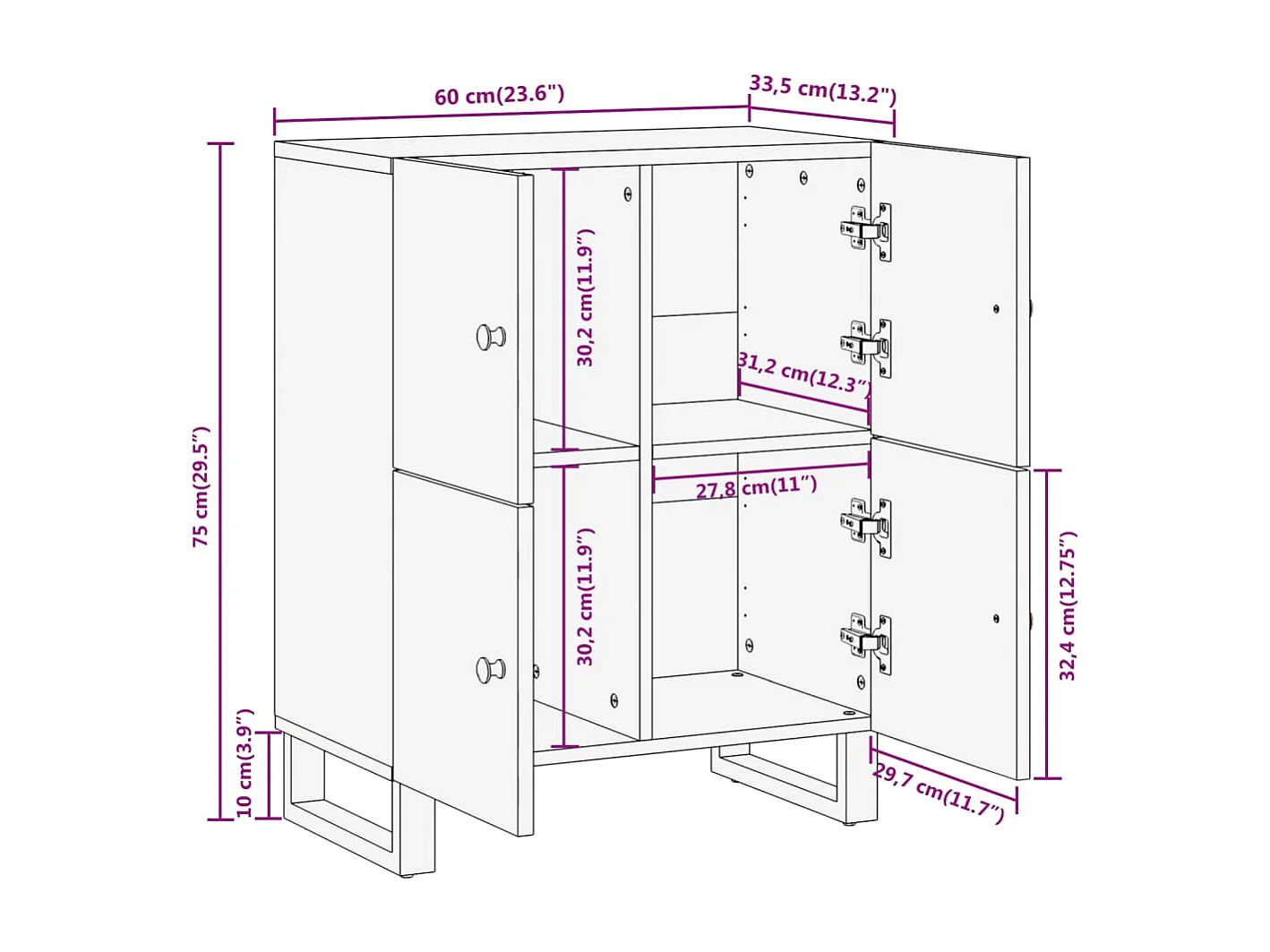 Armoire latérale marron et noir 60x33,5x75 cm bois de manguier