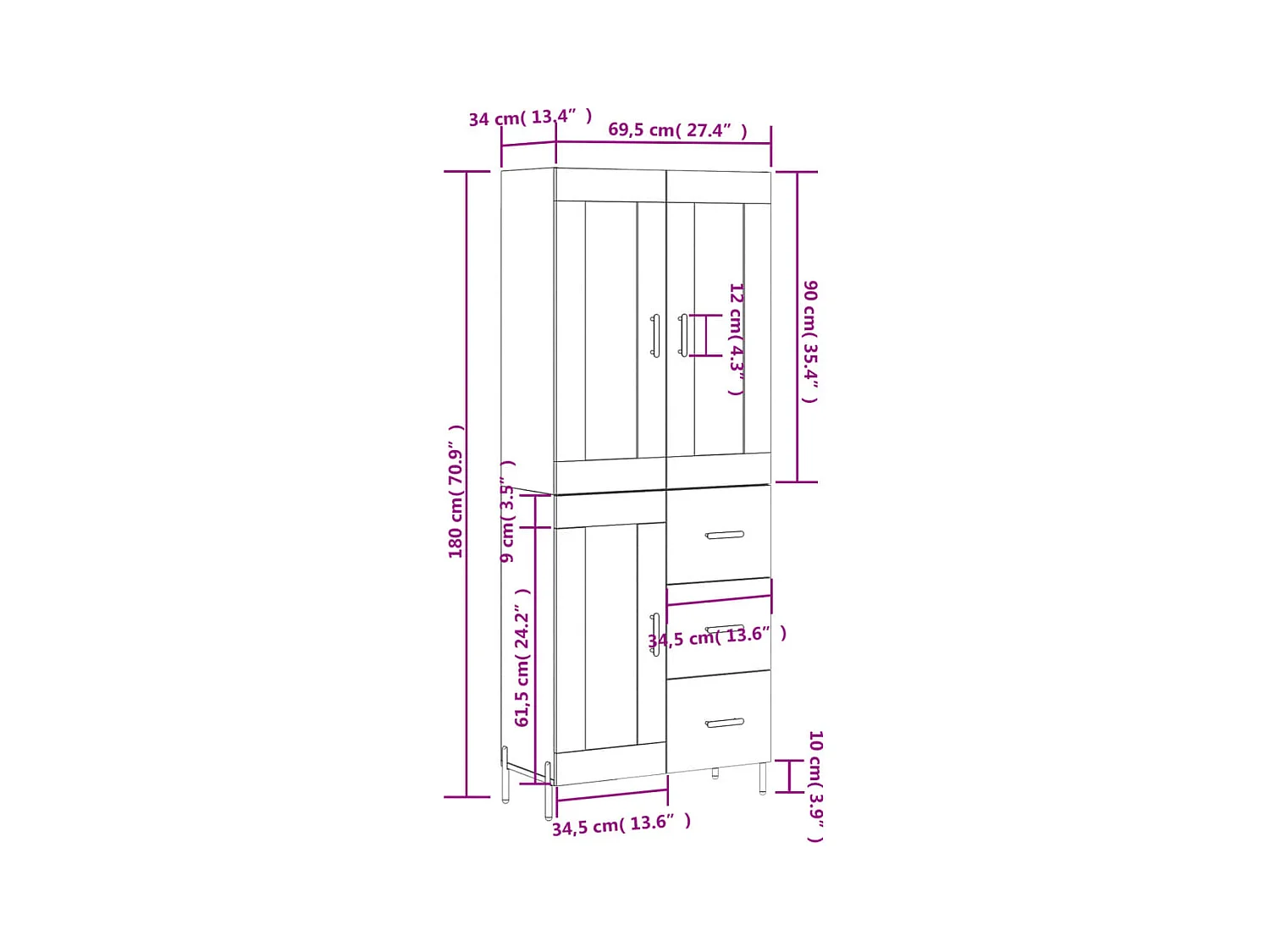 Buffet haut Sonoma gris 69,5x34x180 cm Bois d'ingénierie