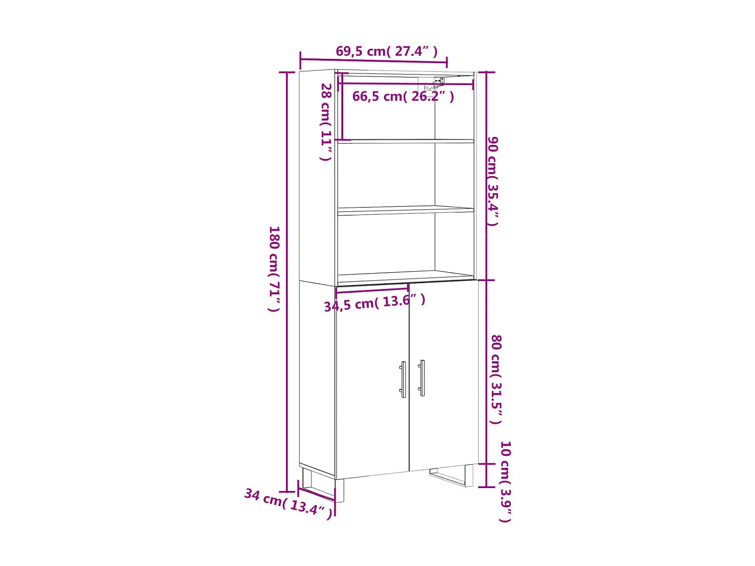 Highboard Weiß 69,5x34x180 cm Holzwerkstoff