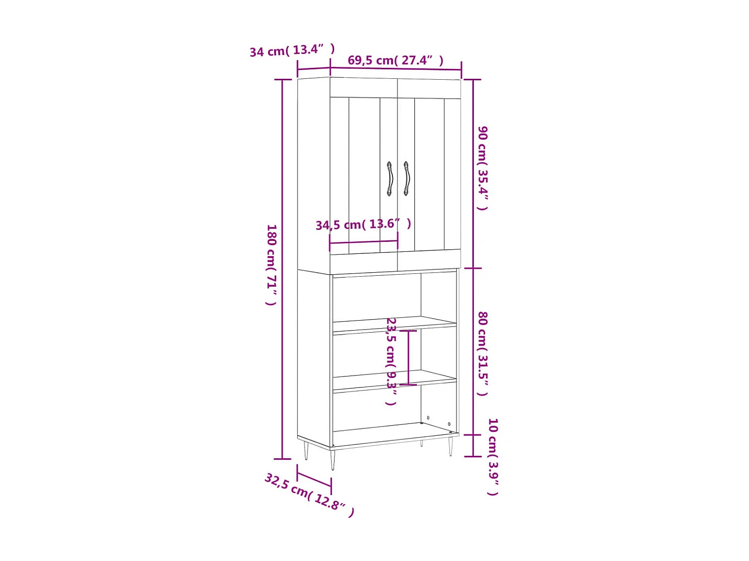 Buffet haut Gris béton 69,5x34x180 cm Bois d'ingénierie
