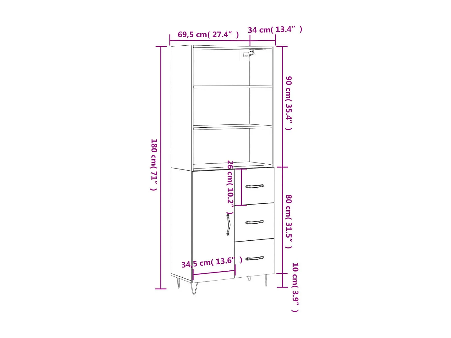 Buffet haut Gris béton 69,5x34x180 cm Bois d'ingénierie