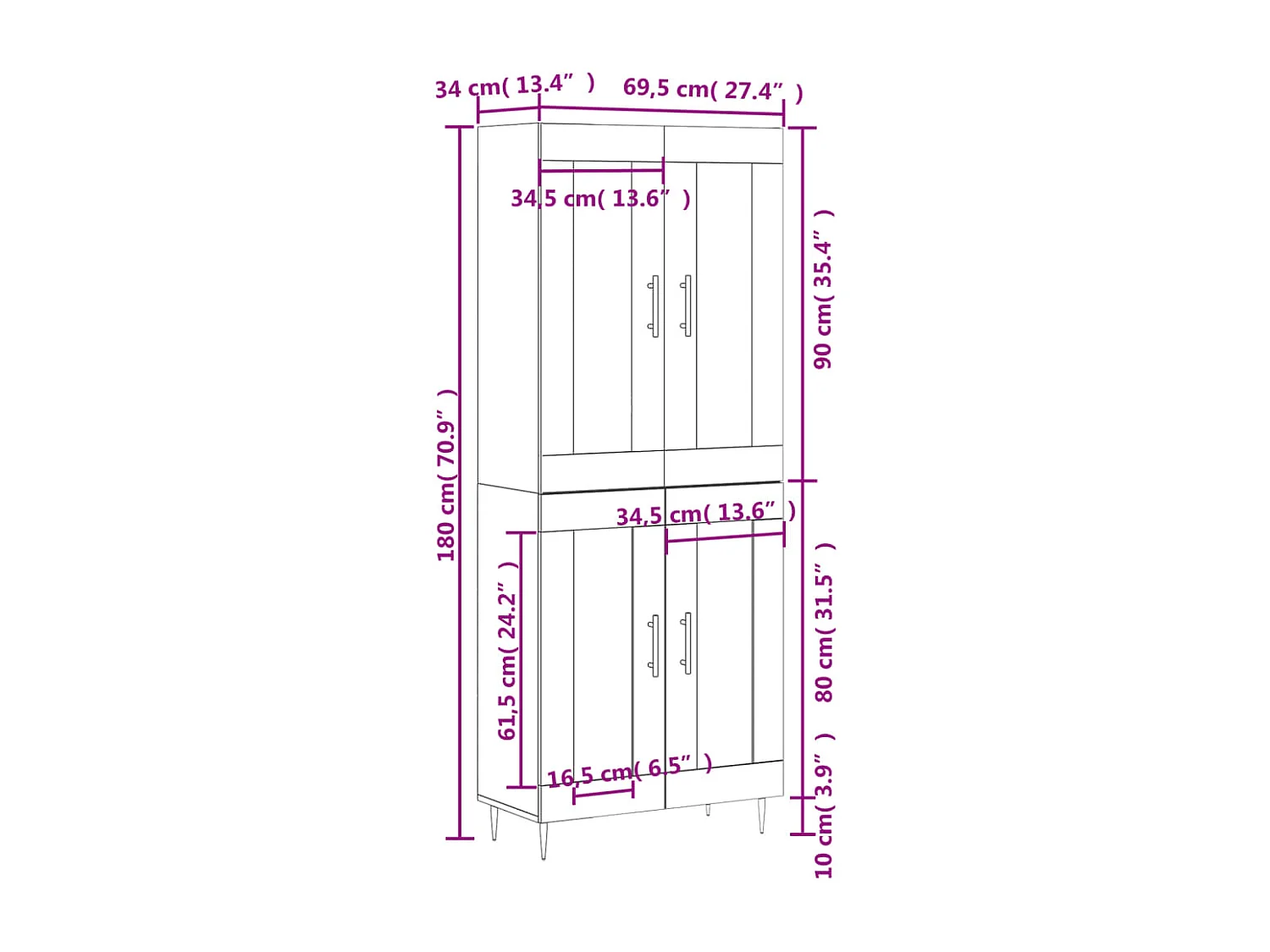 Buffet haut Gris béton 69,5x34x180 cm Bois d'ingénierie