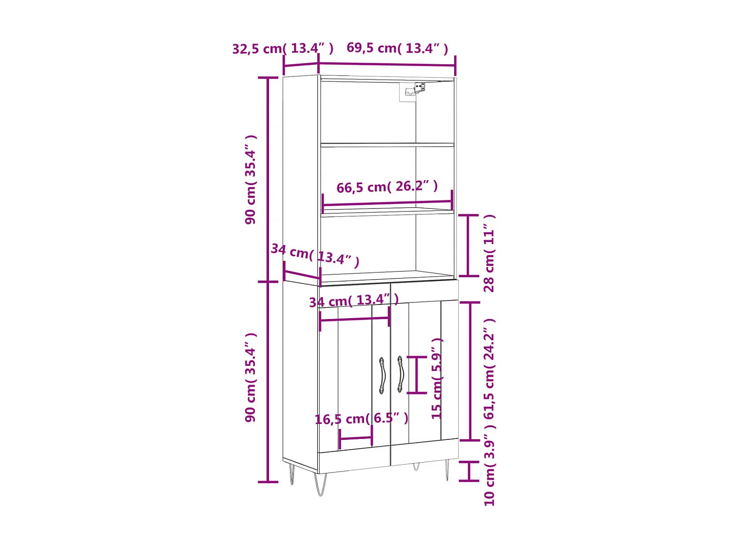 Hoge kast 69,5x34x180 cm bewerkt hout betongrijs