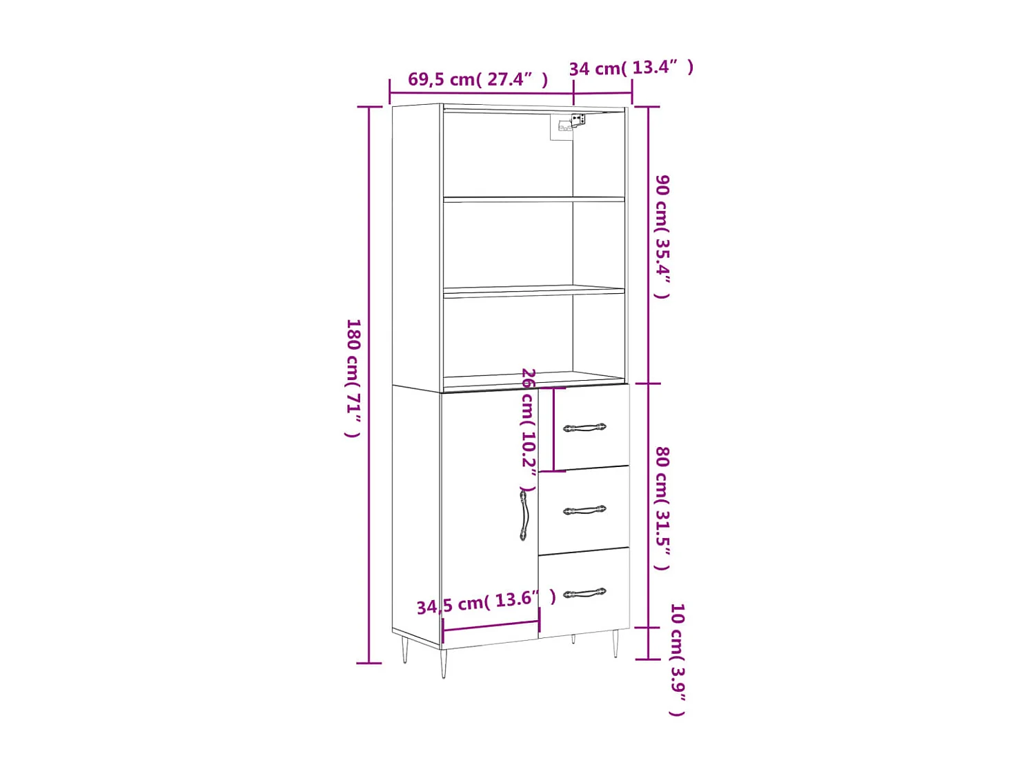 Highboard Betongrau 69,5x34x180 cm Holzwerkstoff