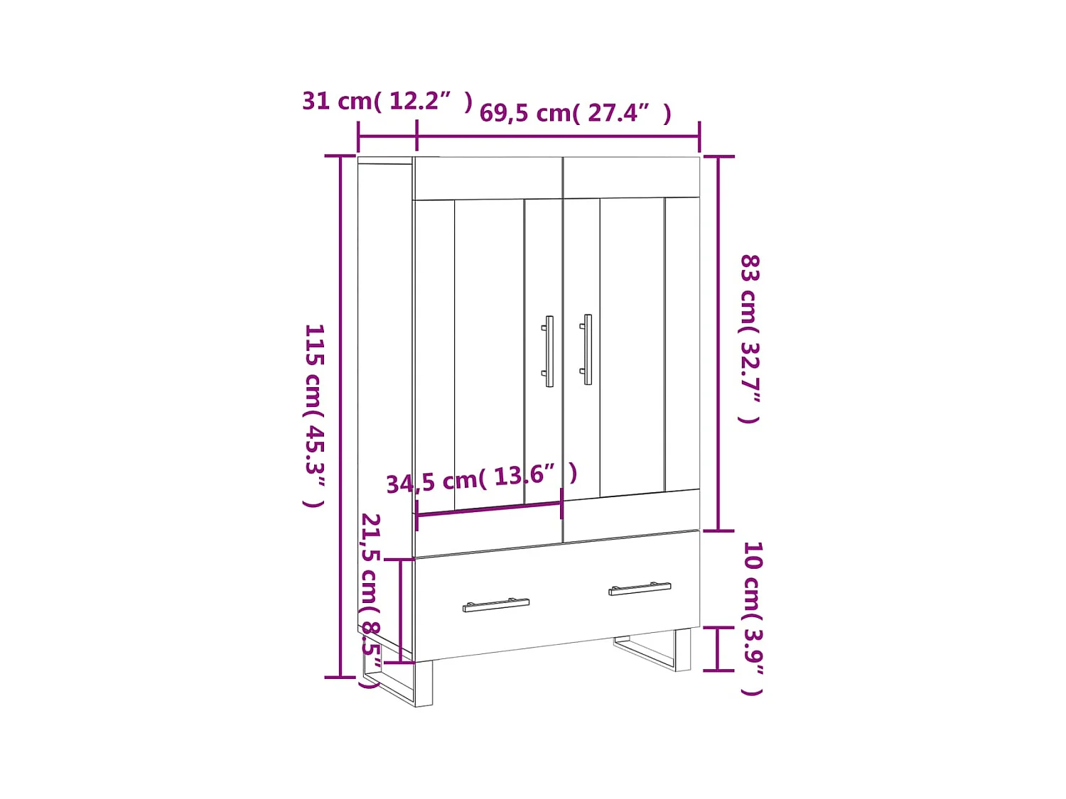 Buffet haut sonoma gris 69,5x31x115 cm bois d'ingénierie