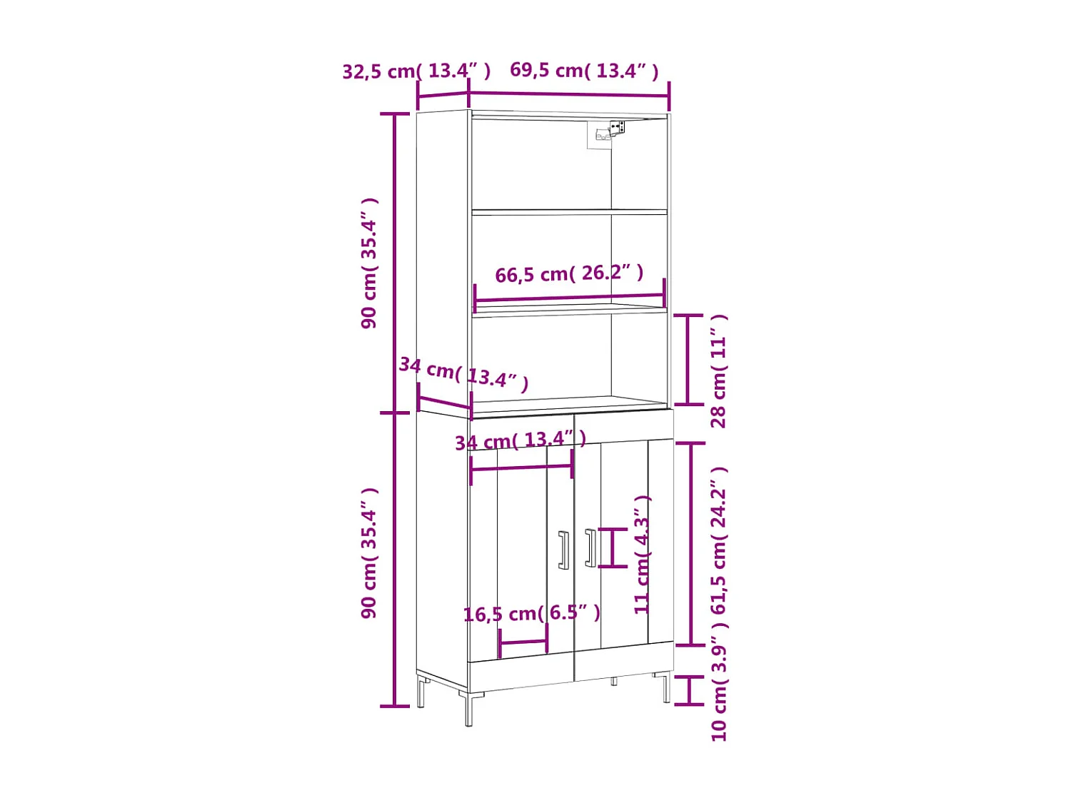 Hoge kast 69,5x34x180 cm bewerkt hout wit