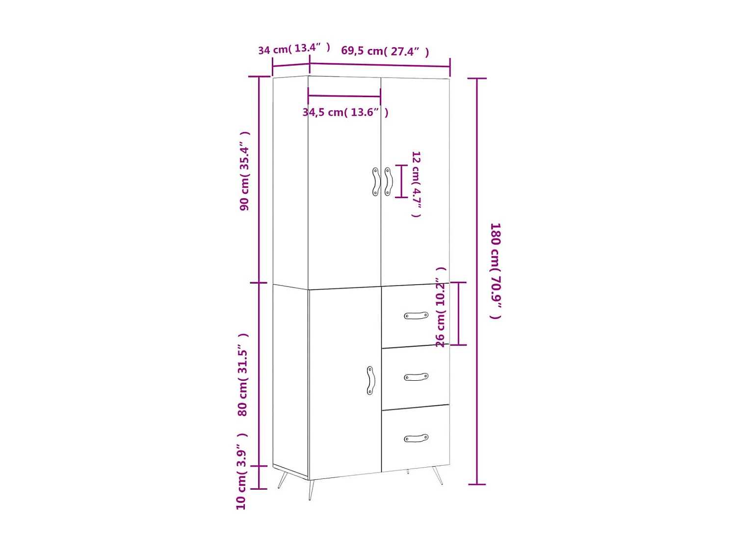 Highboard Betongrau 69,5x34x180 cm Holzwerkstoff