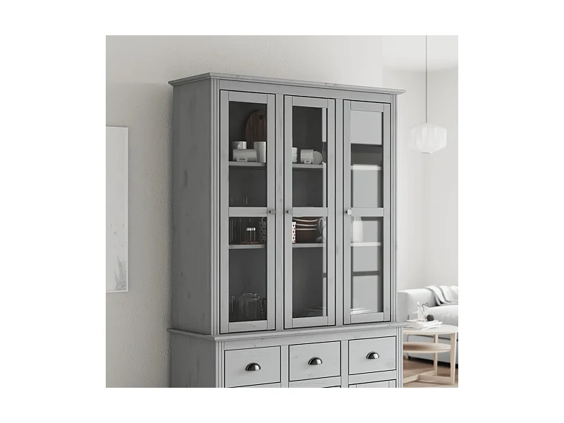 Vitrinenschrank mit Glastüren BODO Grau Massivholz Kiefer