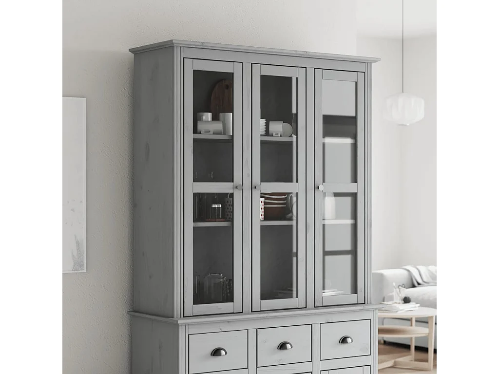Armoire avec portes vitrées BODO gris bois de pin massif